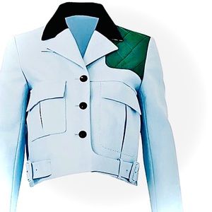 CARVEN PARIS | M | 40 | Cotton Mini Crop Jacket Blue Quilted Green Collared